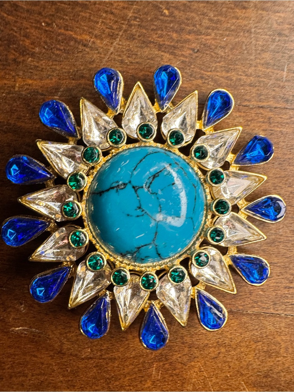 Vintage Faux Turquoise & Rhinestone Sunburst Statement Brooch Pin